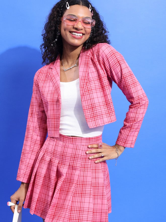Tokyo Talkies Women Fuschia Pink Blazer And Matching Pleated Skirt Co-Ords - Pink - Image 2