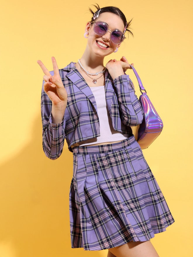 Tokyo Talkies Women Purple Blazer And Matching Pleated Skirt Co-Ords - Purple - Image 1