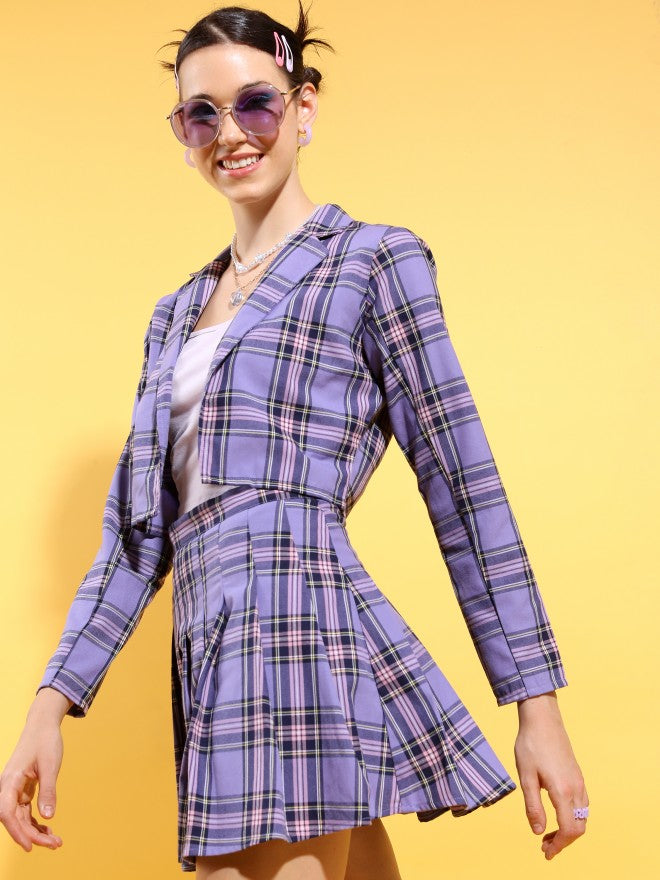 Tokyo Talkies Women Purple Blazer And Matching Pleated Skirt Co-Ords - Purple - Image 4