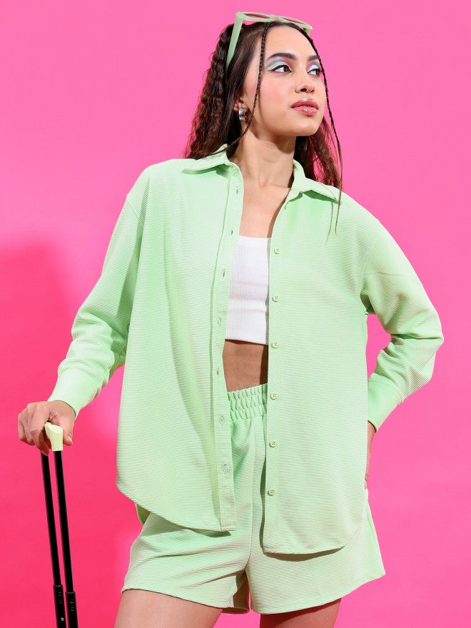 Tokyo Talkies Women Structured Green Knited Shirt With Short Co-Ords - Green - Image 1