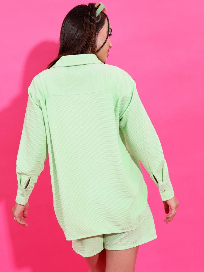 Tokyo Talkies Women Structured Green Knited Shirt With Short Co-Ords - Green - Image 3