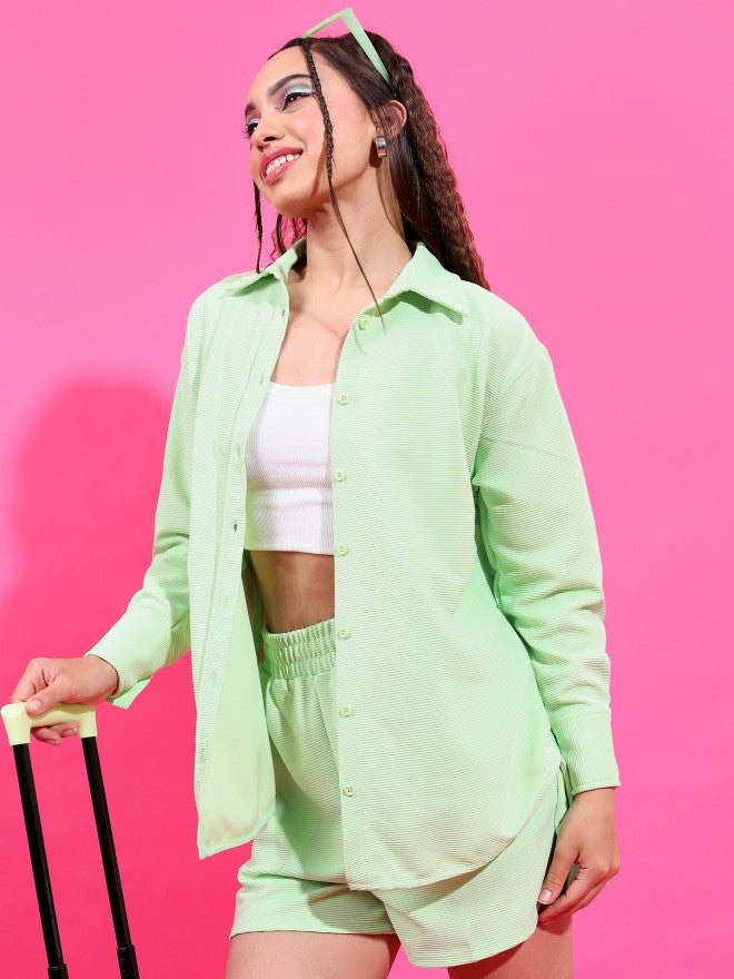 Tokyo Talkies Women Structured Green Knited Shirt With Short Co-Ords - Green - Image 4