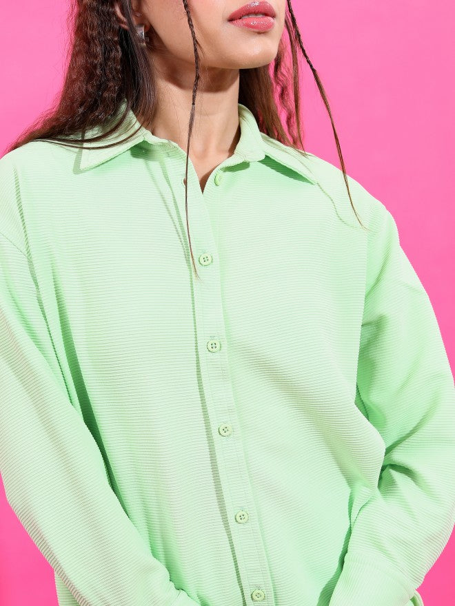 Tokyo Talkies Women Structured Green Knited Shirt With Short Co-Ords - Green - Image 5