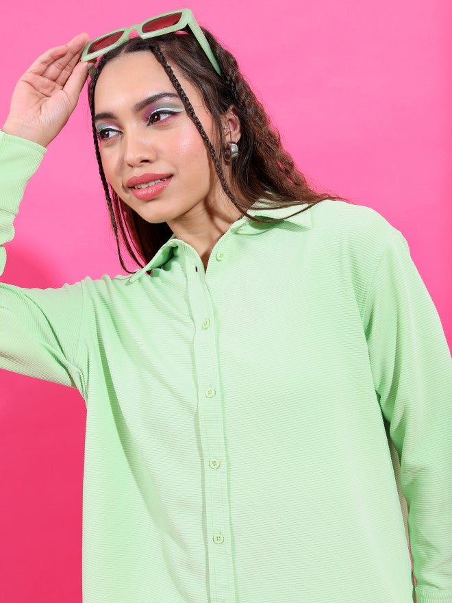 Tokyo Talkies Women Structured Green Knited Shirt With Short Co-Ords - Green - Image 8