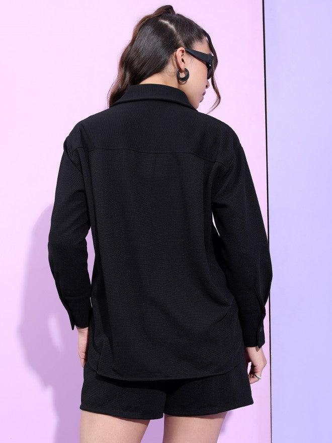 Tokyo Talkies Women Structured Black Knited Shirt With Short Co-Ords - Black - Image 3