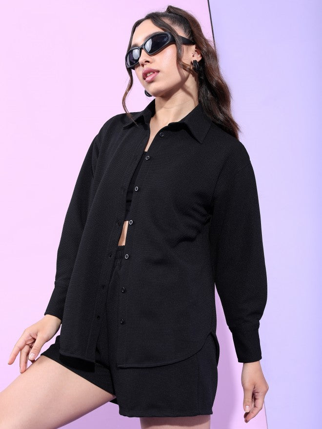 Tokyo Talkies Women Structured Black Knited Shirt With Short Co-Ords - Black - Image 4
