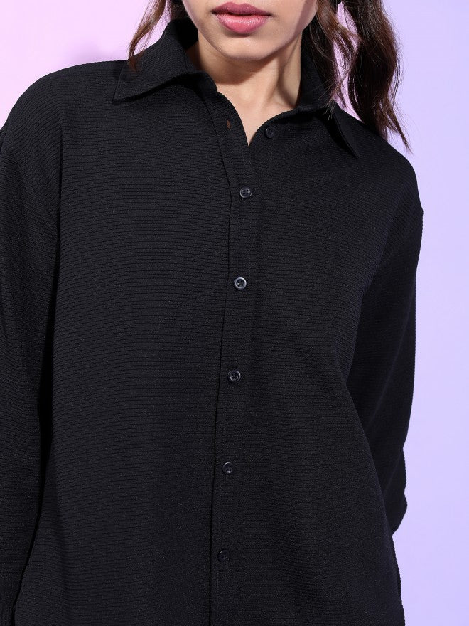 Tokyo Talkies Women Structured Black Knited Shirt With Short Co-Ords - Black - Image 5