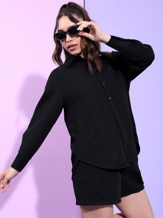 Tokyo Talkies Women Structured Black Knited Shirt With Short Co-Ords - Black - Image 6