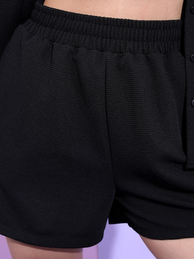 Tokyo Talkies Women Structured Black Knited Shirt With Short Co-Ords - Black - Image 7