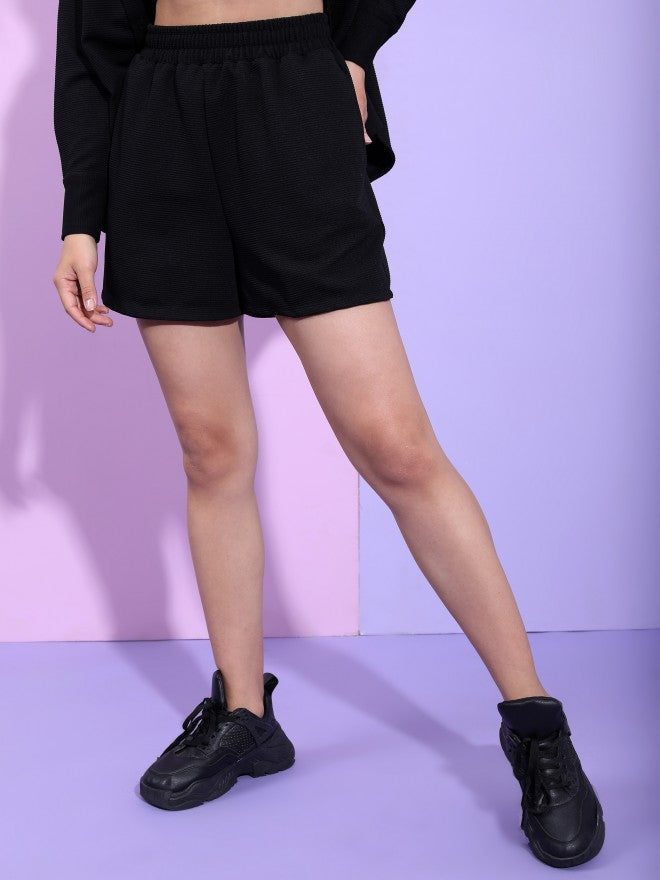 Tokyo Talkies Women Structured Black Knited Shirt With Short Co-Ords - Black - Image 8
