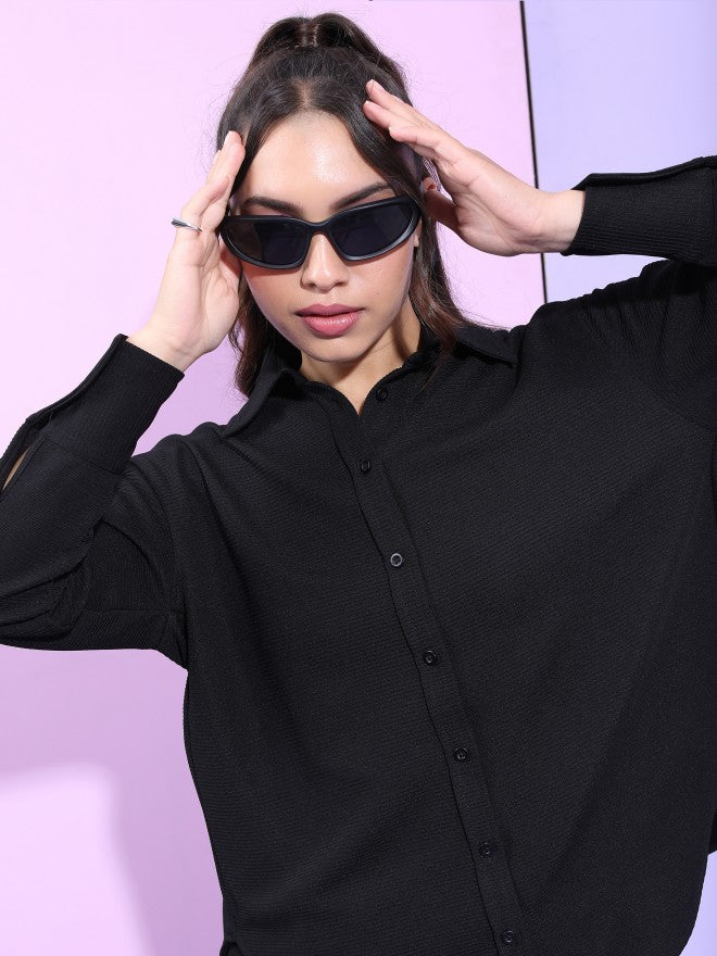 Tokyo Talkies Women Structured Black Knited Shirt With Short Co-Ords - Black - Image 9