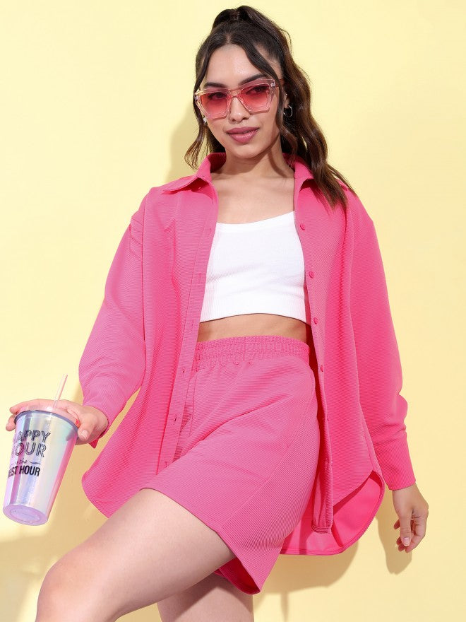 Tokyo Talkies Women Structured Fuschia Knited Shirt With Short Co-Ords - Pink - Image 1
