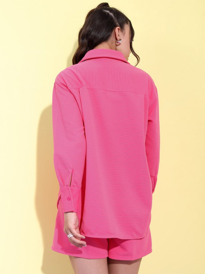 Tokyo Talkies Women Structured Fuschia Knited Shirt With Short Co-Ords - Pink - Image 3