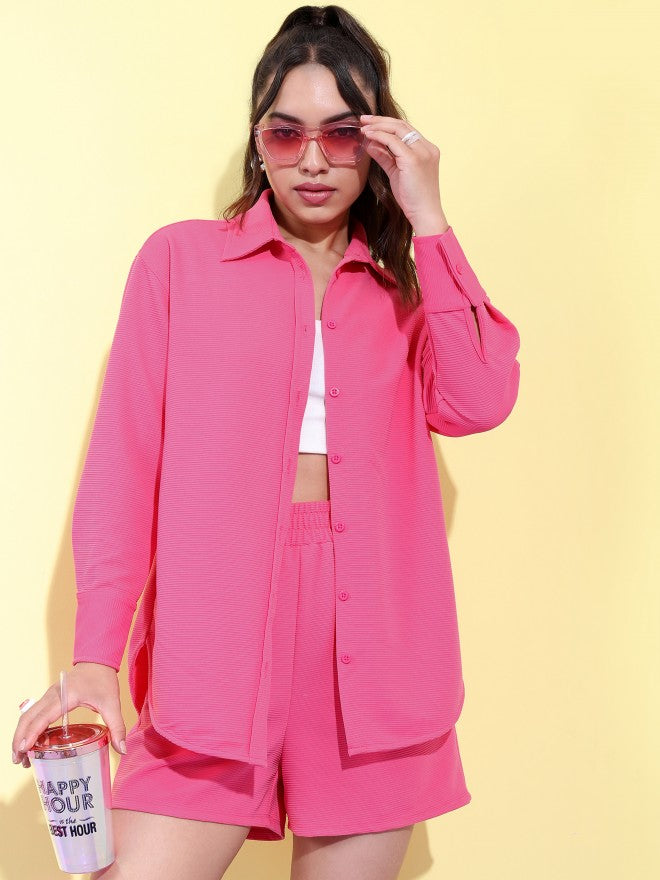 Tokyo Talkies Women Structured Fuschia Knited Shirt With Short Co-Ords - Pink - Image 6