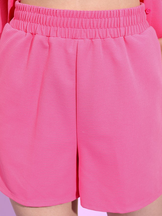 Tokyo Talkies Women Structured Fuschia Knited Shirt With Short Co-Ords - Pink - Image 7