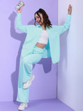Tokyo Talkies Women Structured Aqua Knited Shirt With Wide Leg Trouser Co-Ords - Blue - Image 1