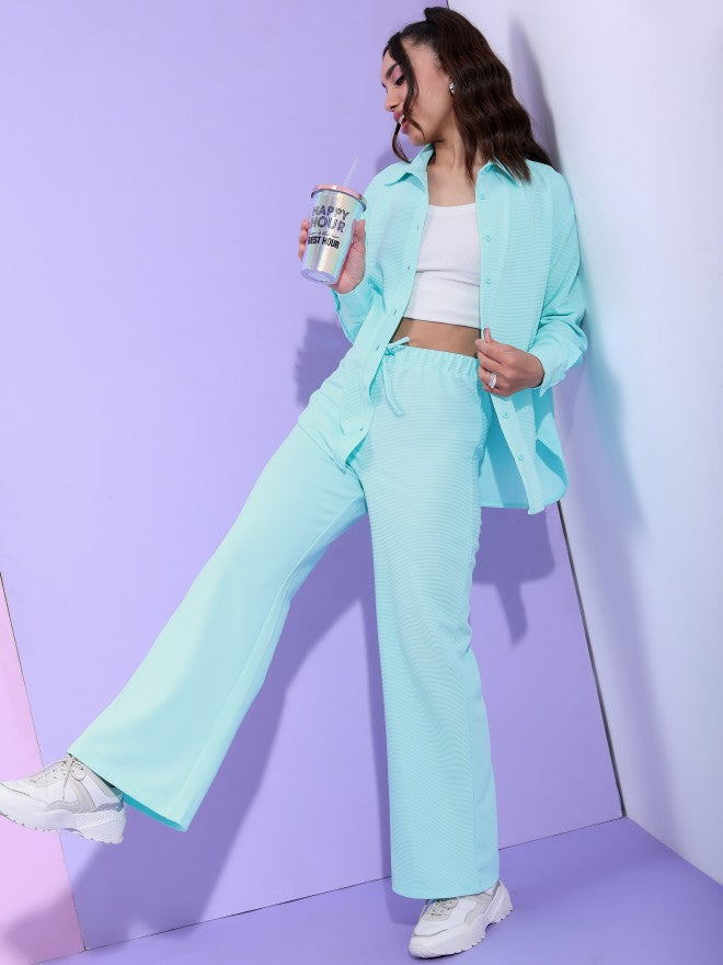 Tokyo Talkies Women Structured Aqua Knited Shirt With Wide Leg Trouser Co-Ords - Blue - Image 2