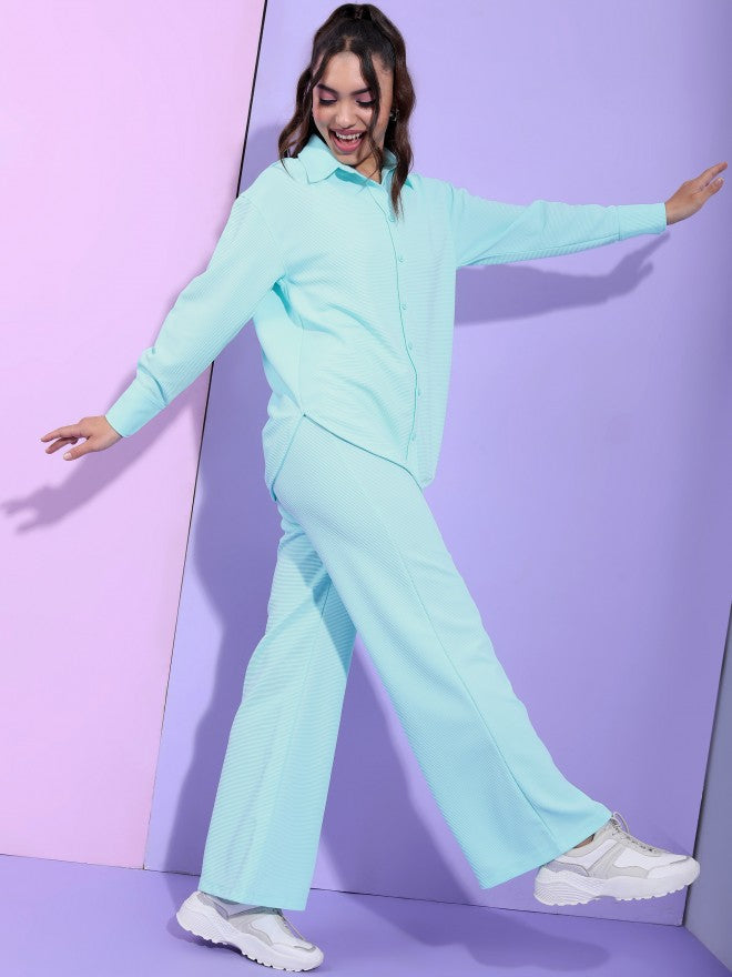 Tokyo Talkies Women Structured Aqua Knited Shirt With Wide Leg Trouser Co-Ords - Blue - Image 4