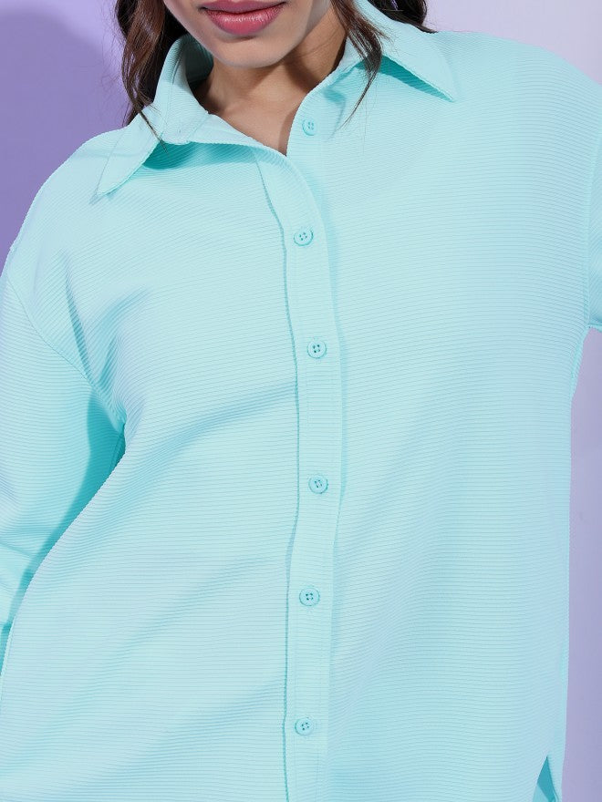 Tokyo Talkies Women Structured Aqua Knited Shirt With Wide Leg Trouser Co-Ords - Blue - Image 5