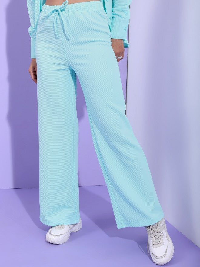 Tokyo Talkies Women Structured Aqua Knited Shirt With Wide Leg Trouser Co-Ords - Blue - Image 7