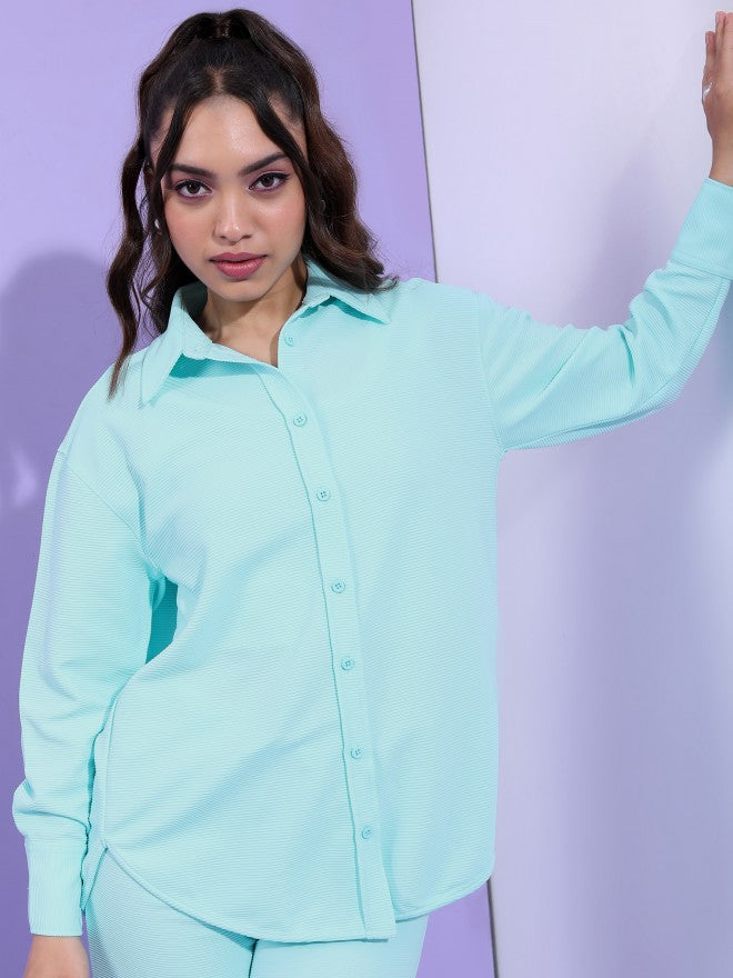 Tokyo Talkies Women Structured Aqua Knited Shirt With Wide Leg Trouser Co-Ords - Blue - Image 8