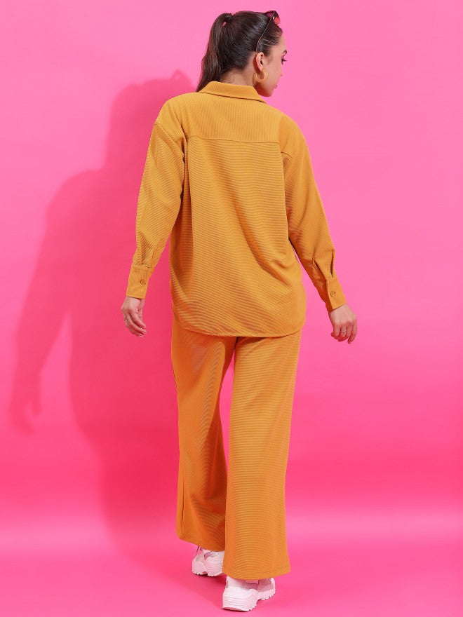Tokyo Talkies Women Structured Yellow Knited Shirt With Flared Trouser - Yellow - Image 3