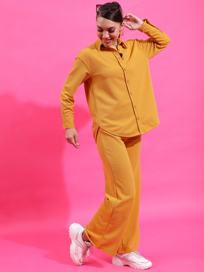 Tokyo Talkies Women Structured Yellow Knited Shirt With Flared Trouser - Yellow - Image 4