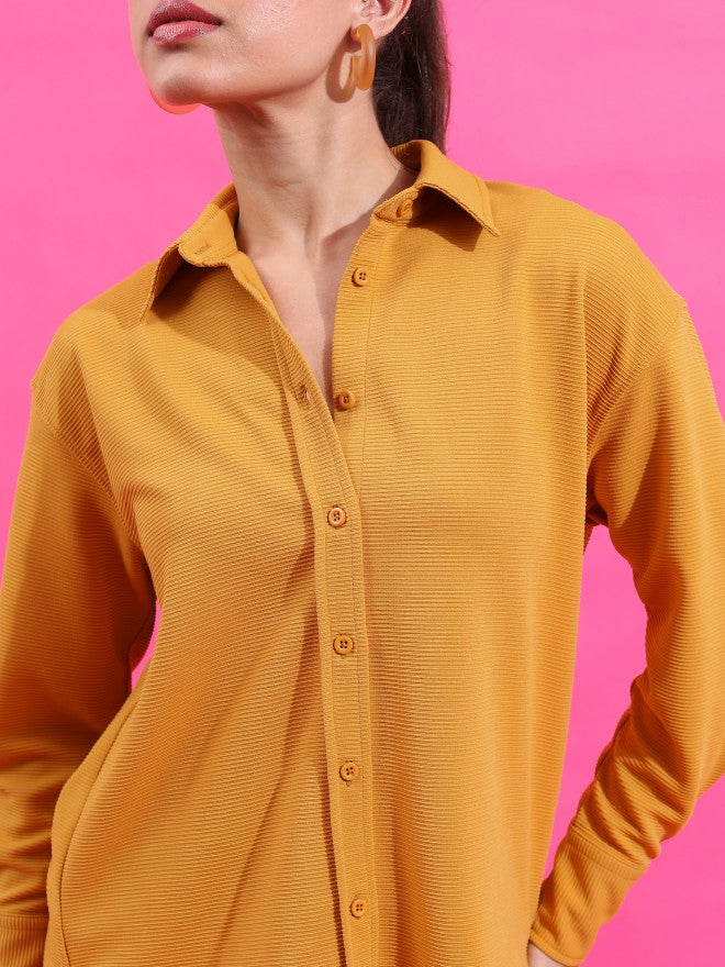 Tokyo Talkies Women Structured Yellow Knited Shirt With Flared Trouser - Yellow - Image 5