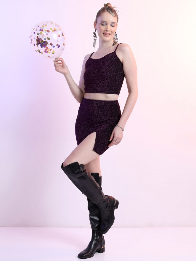 Tokyo Talkies Women Purple Crop Top With Skirt Co-Ords - Purple - Image 2