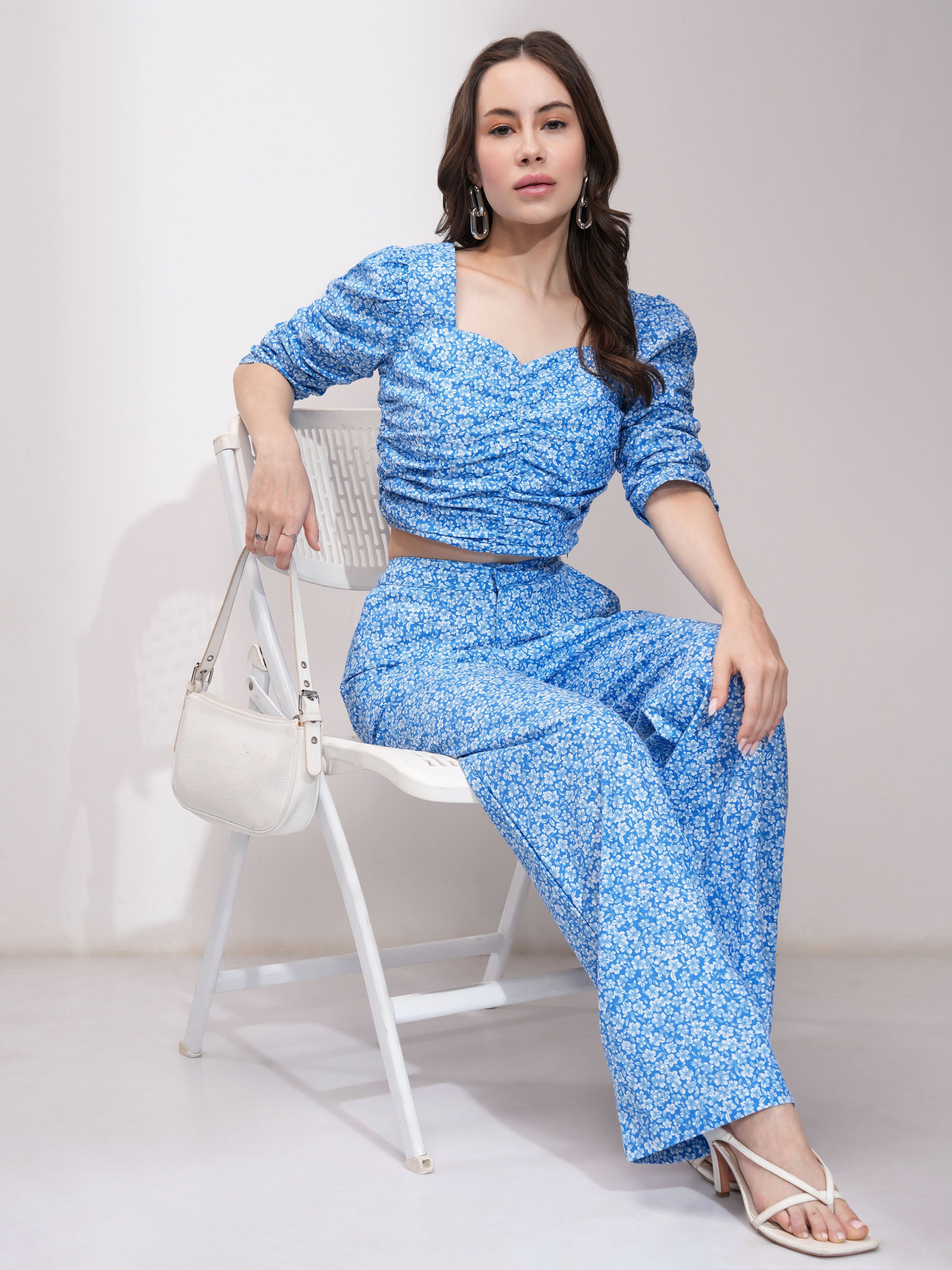 Tokyo Talkies Women Bluewhite Co-Ord With Ruched Crop Top With High Waisted Flared Trouser Co-Ords - Blue - Image 2