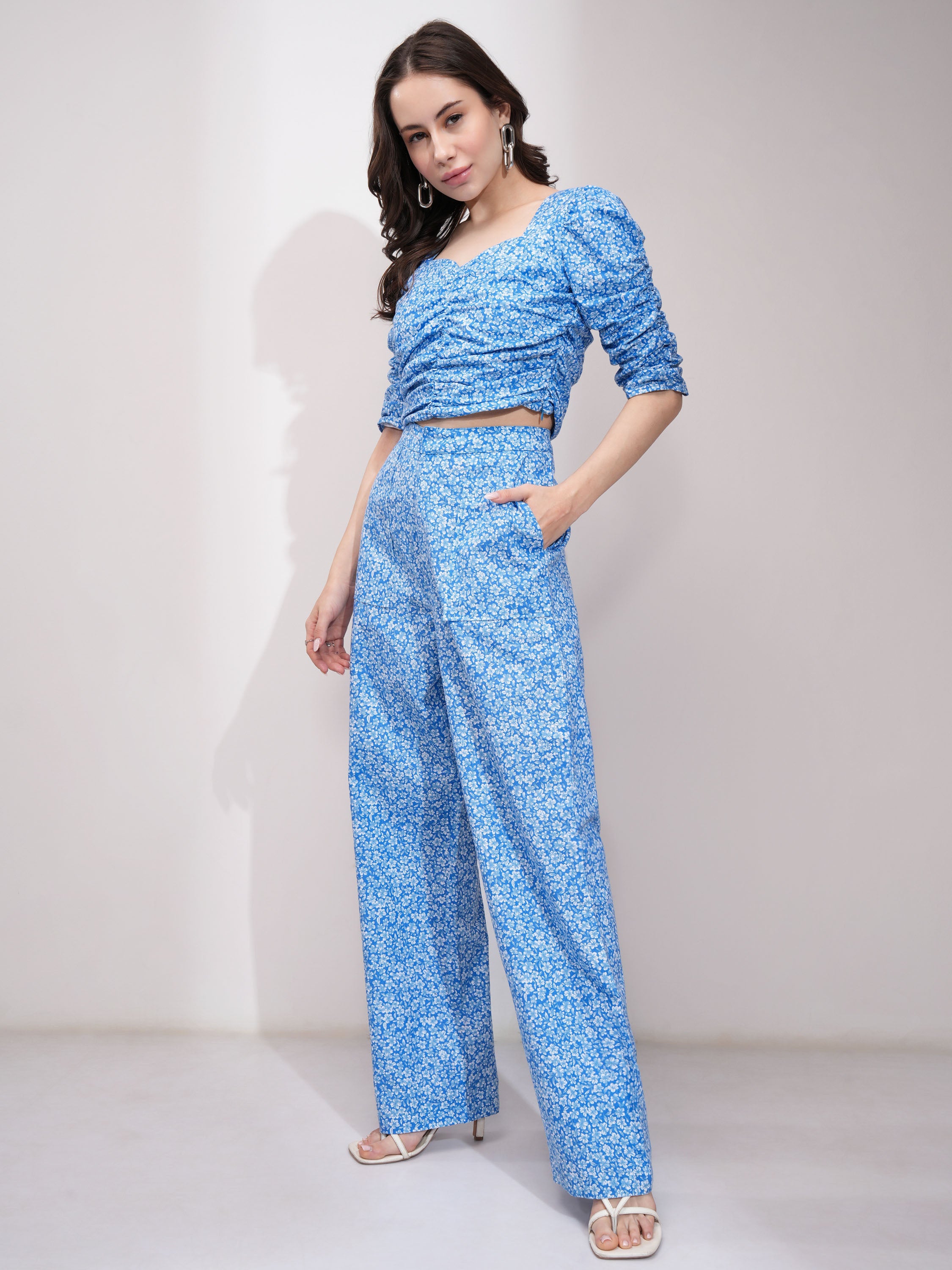 Tokyo Talkies Women Bluewhite Co-Ord With Ruched Crop Top With High Waisted Flared Trouser Co-Ords - Blue - Image 4