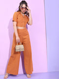 Tokyo Talkies Women Brown Solid  Lapel Collar Crop Top And Flared Trouser - Brown - Image 1
