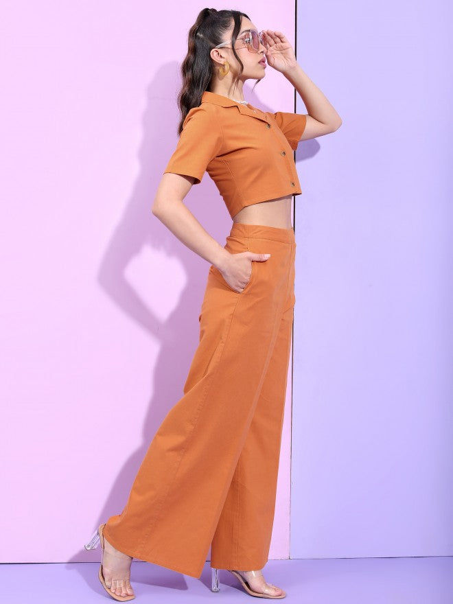 Tokyo Talkies Women Brown Solid  Lapel Collar Crop Top And Flared Trouser - Brown - Image 4