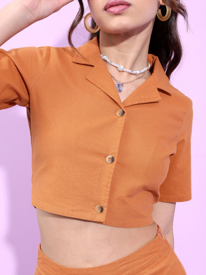 Tokyo Talkies Women Brown Solid  Lapel Collar Crop Top And Flared Trouser - Brown - Image 5