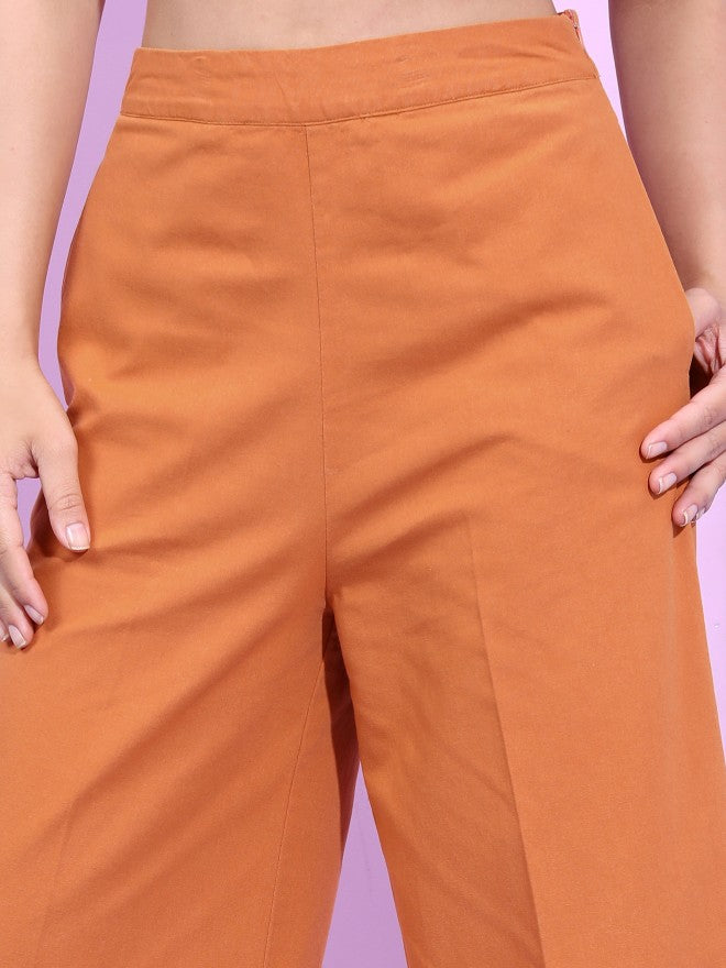 Tokyo Talkies Women Brown Solid  Lapel Collar Crop Top And Flared Trouser - Brown - Image 6