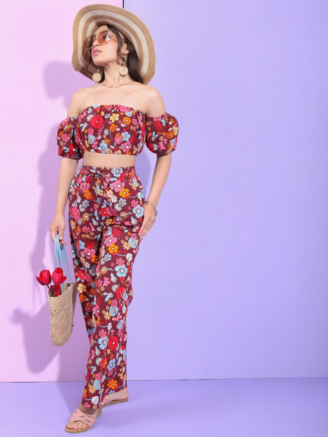 Tokyo Talkies Women Maroon Floral Printed Top With Flared Trouser Co-Ords - Maroon - Image 1