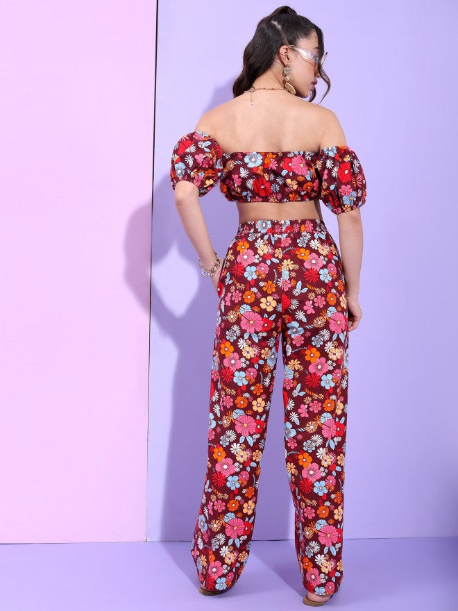 Tokyo Talkies Women Maroon Floral Printed Top With Flared Trouser Co-Ords - Maroon - Image 3