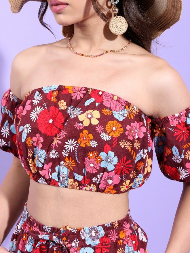 Tokyo Talkies Women Maroon Floral Printed Top With Flared Trouser Co-Ords - Maroon - Image 5