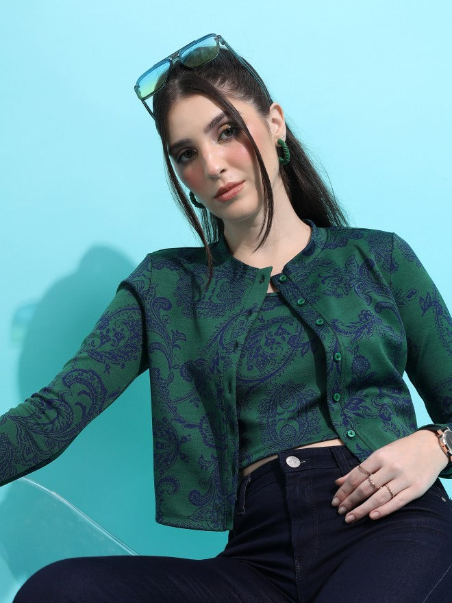 Tokyo Talkies Women Green Self Design Fitted Top - Green - Image 1