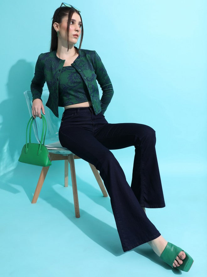 Tokyo Talkies Women Green Self Design Fitted Top - Green - Image 2