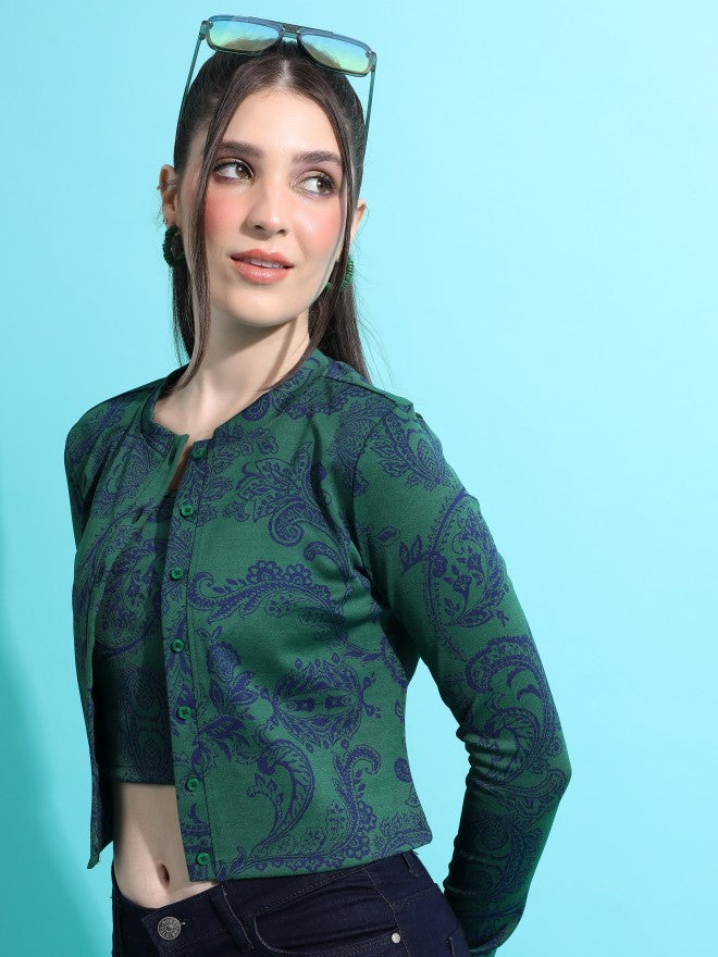 Tokyo Talkies Women Green Self Design Fitted Top - Green - Image 4