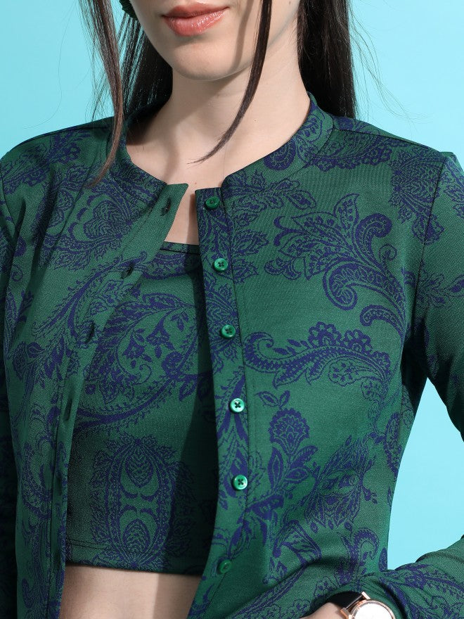 Tokyo Talkies Women Green Self Design Fitted Top - Green - Image 5