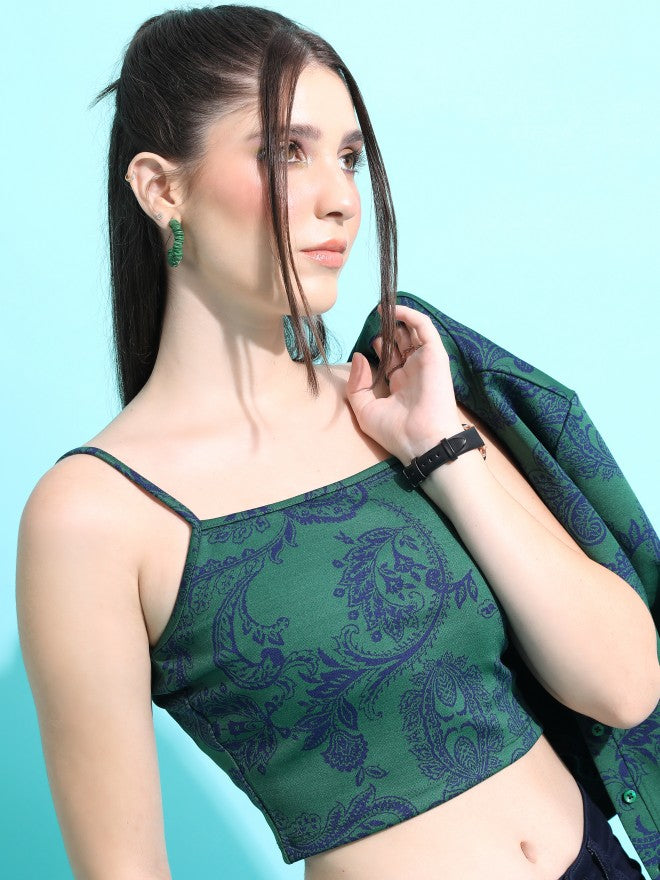 Tokyo Talkies Women Green Self Design Fitted Top - Green - Image 6