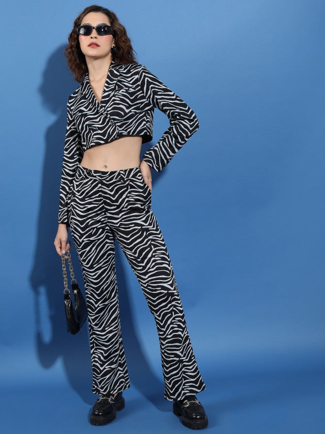 Tokyo Talkies Women Black/Grey Blazer With Flared Pants Co-Ords - Black - Image 1