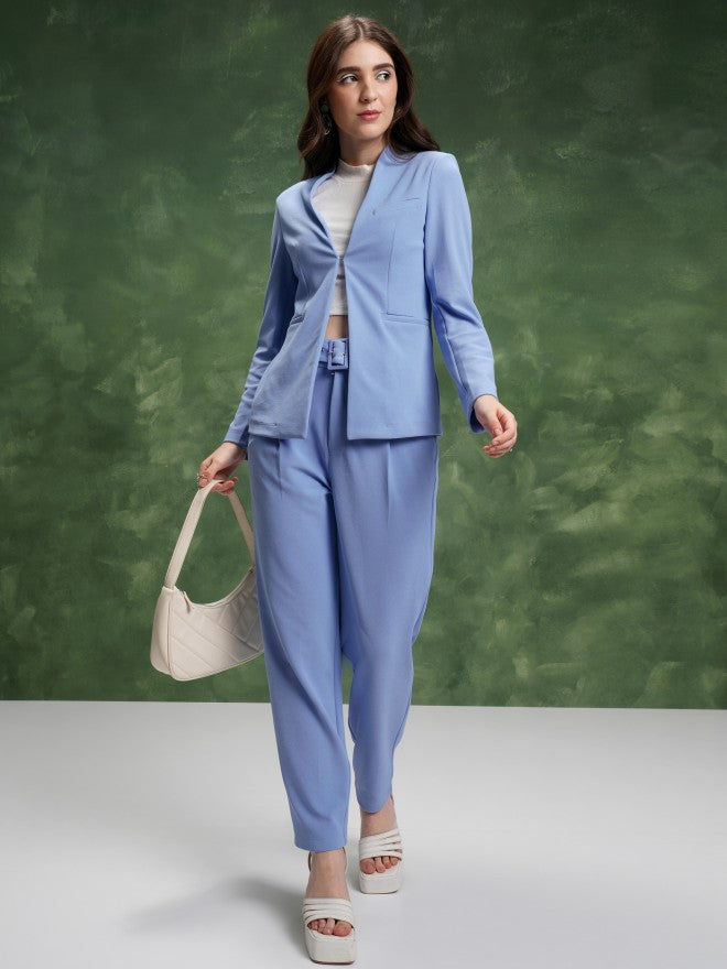 Tokyo Talkies Women Sky Blue Coat With Trouser Co-Ords - Blue - Image 1