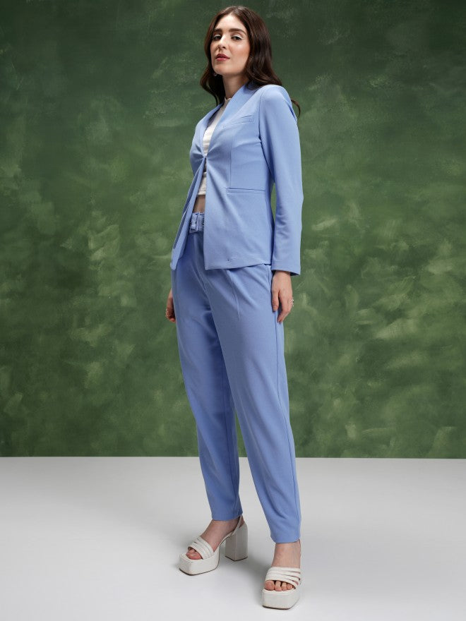 Tokyo Talkies Women Sky Blue Coat With Trouser Co-Ords - Blue - Image 2