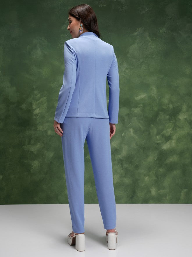 Tokyo Talkies Women Sky Blue Coat With Trouser Co-Ords - Blue - Image 3