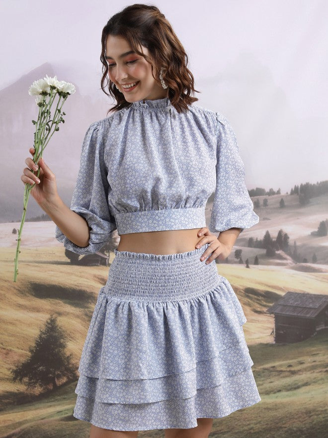 Tokyo Talkies Women Blue Top With Skirt Co-Ords - Blue - Image 1