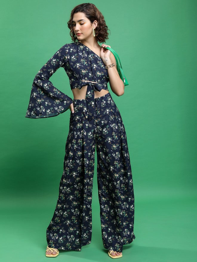 Tokyo Talkies Women Navy/Yellow/Multi Top With Trouser Co-Ords - Navy Blue - Image 1