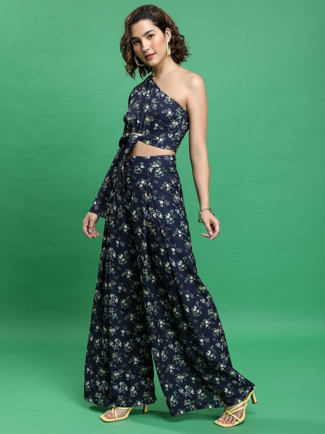 Tokyo Talkies Women Navy/Yellow/Multi Top With Trouser Co-Ords - Navy Blue - Image 4